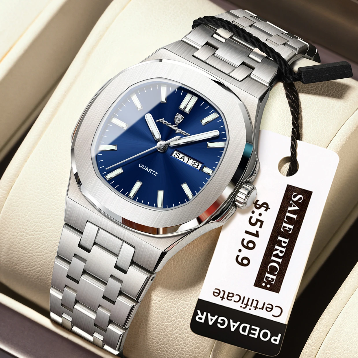Montre Femme POEDAGAR 792 – Carré Luxe, Quartz, Lumineuse, Acier Inoxydable