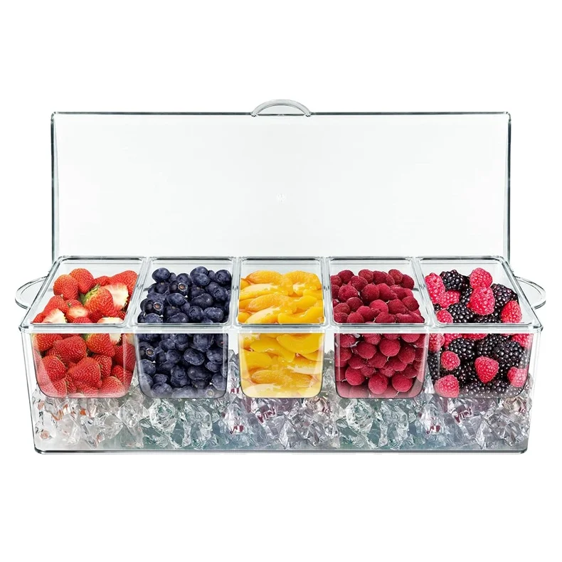 Serveur à Condiments Réfrigéré Transparent – 5 Compartiments avec Couvercle & Plateau à Glace