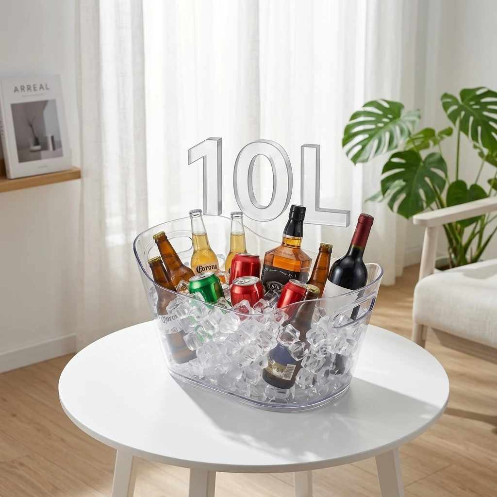 Seau à Glace Transparent PET 10L – Double Poignée, Idéal Camping, Fêtes & Événements