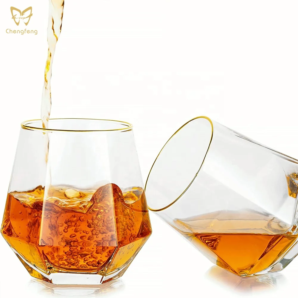 Verre à Whisky Diamond Bordure Dorée 300ml – Style Old Fashioned Fait Main