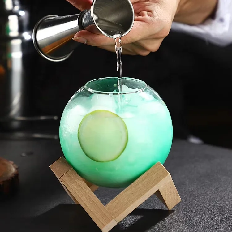 Verre à Cocktail Lune Soufflé Main 475ml avec Support Bois – Élégance Luxe
