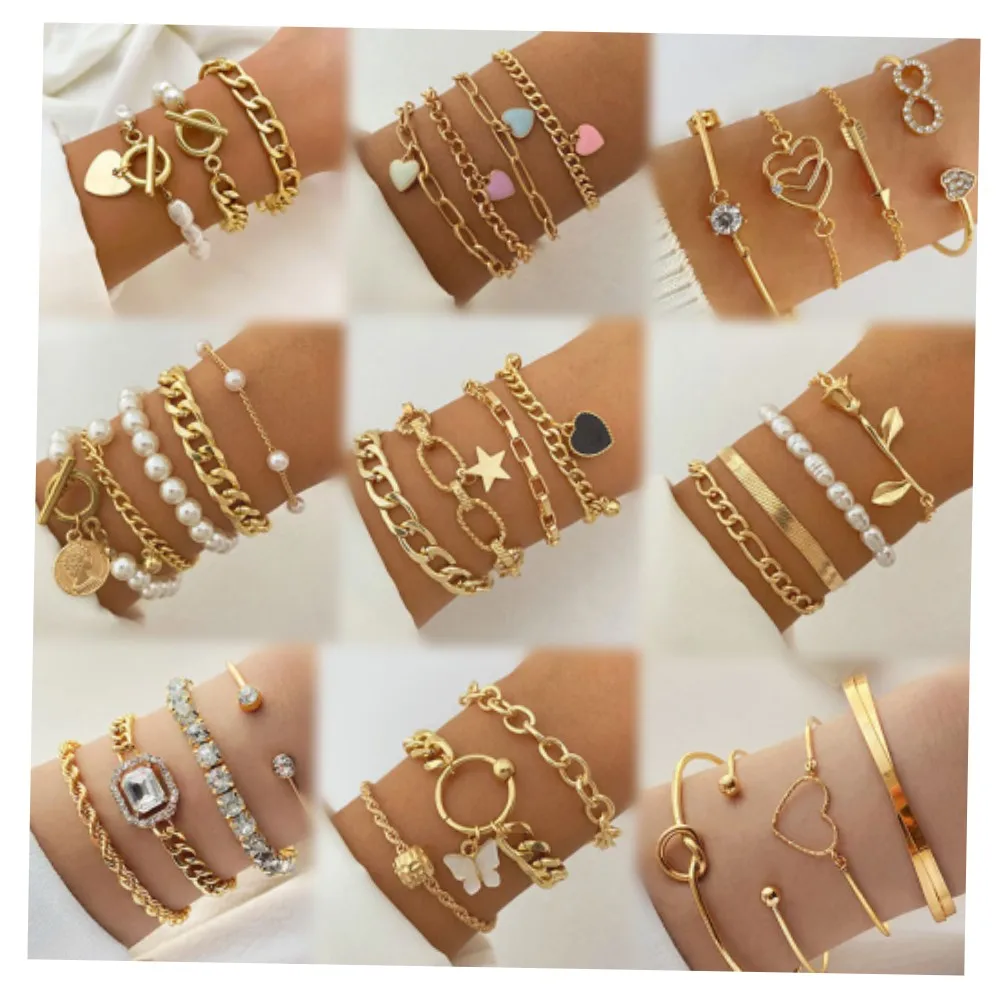 Bracelet Femme Plaqué Or Punk – Jonc, Cœur, Perle, Chaîne Cubaine & Tennis