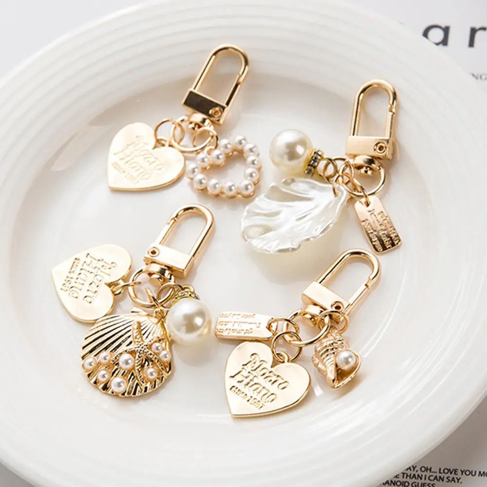 Porte-clés personnalisé élégant en alliage de zinc – Pendentif cœur, coquillage & perles | Cadeau promotionnel