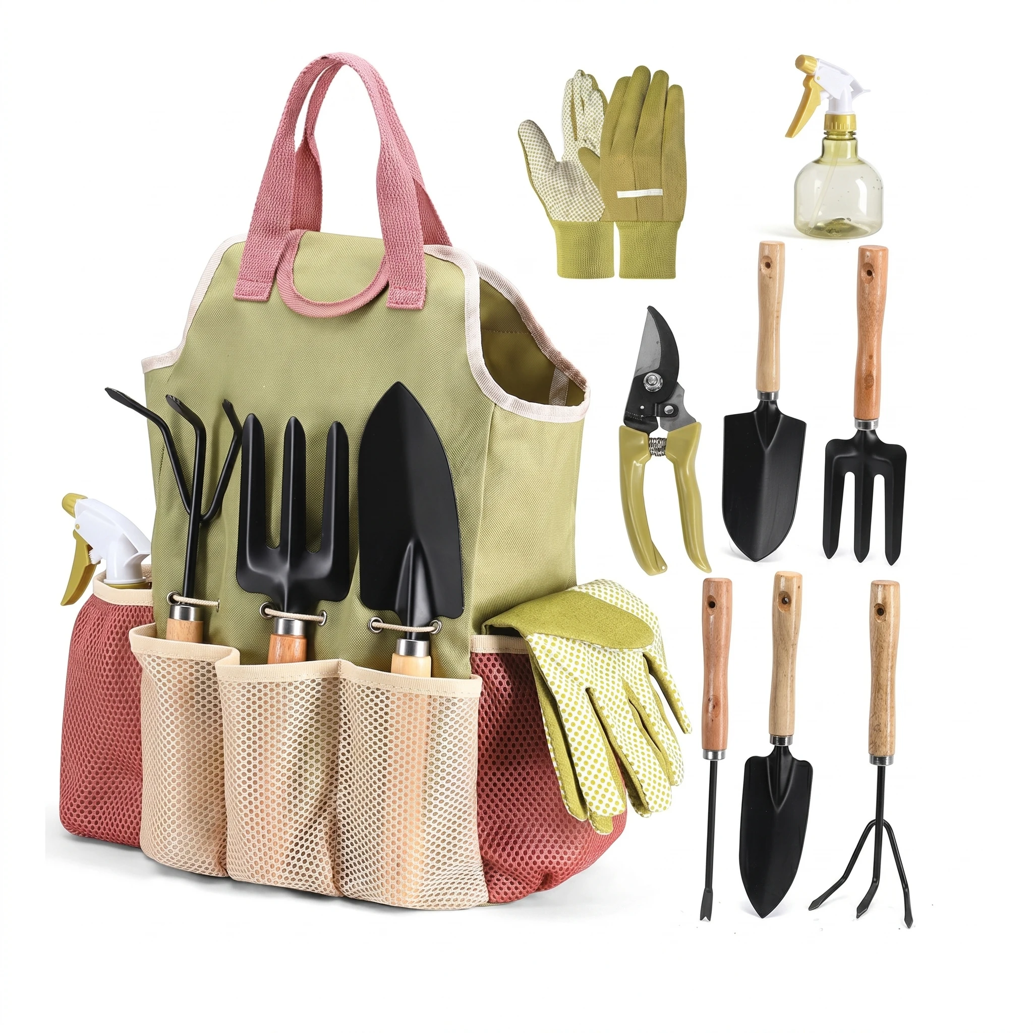 Kit d'outils de jardinage 5 pièces – Truelle, râteau, sécateur, gants & pulvérisateur