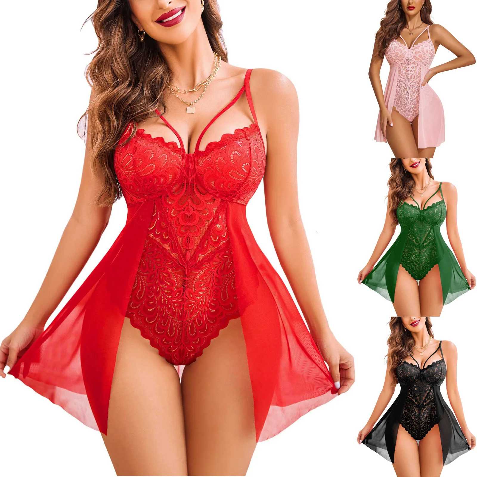 Lingerie Féminine Sexy 2 Pièces Satin & Dentelle Transparente – Tenue de Nuit Romantique