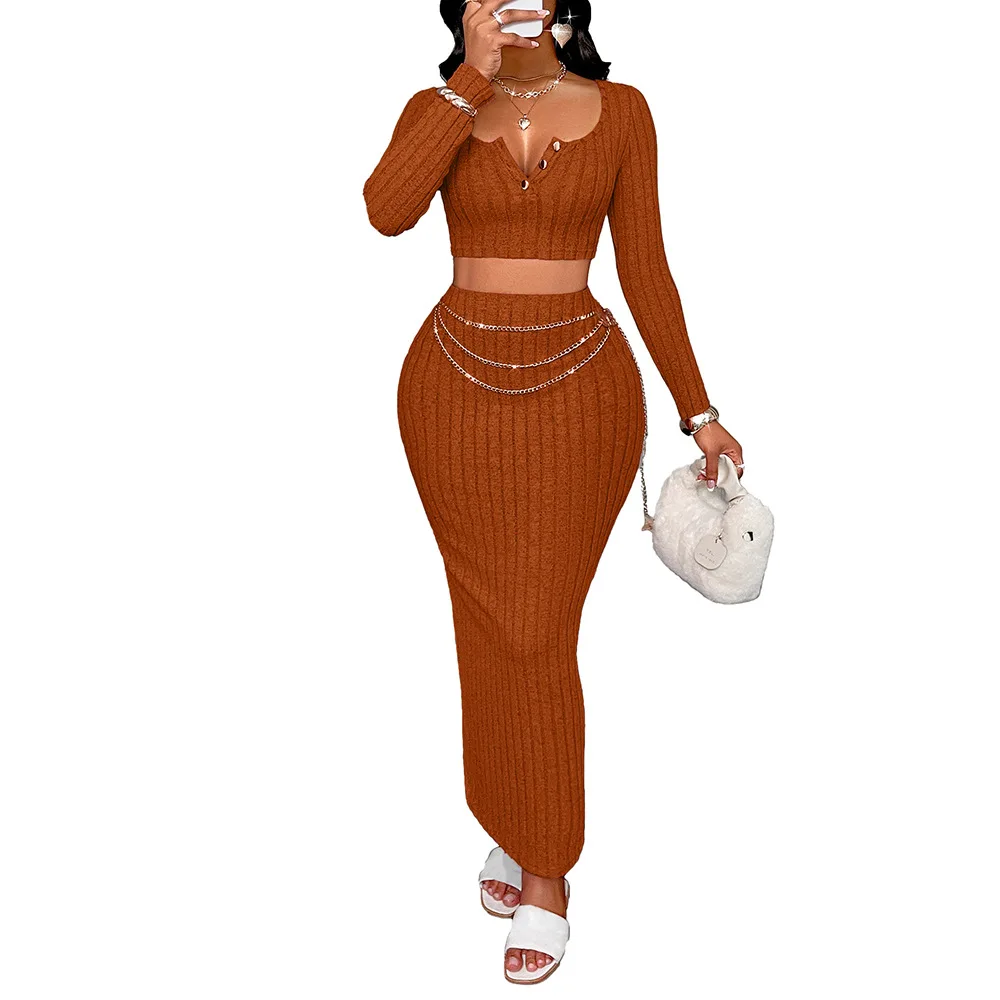 Ensemble 2 Pièces Femme Tricoté – Haut Manches Longues & Jupe Moulante Cheville