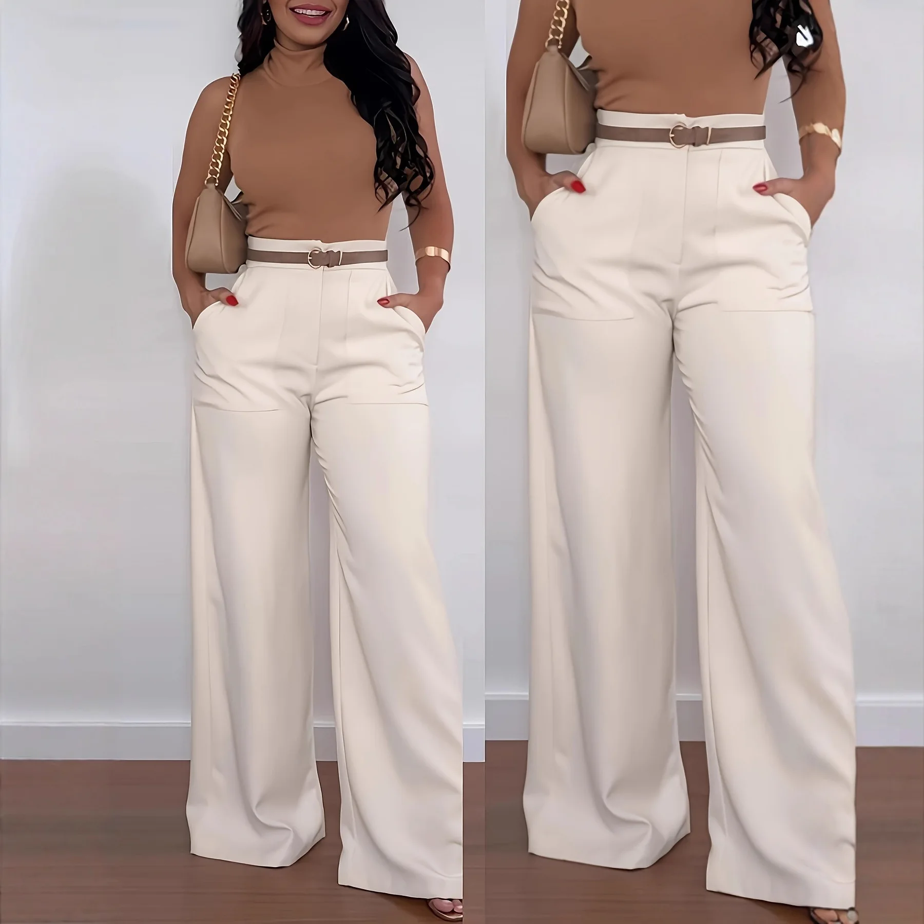 Pantalon large femme taille haute – Élégant, coupe ample, mélange polyester