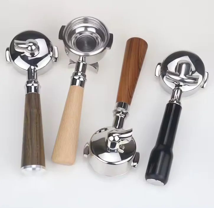 Porte-filtre à café inox 51/54/58mm double bec manche bois – 2 tasses