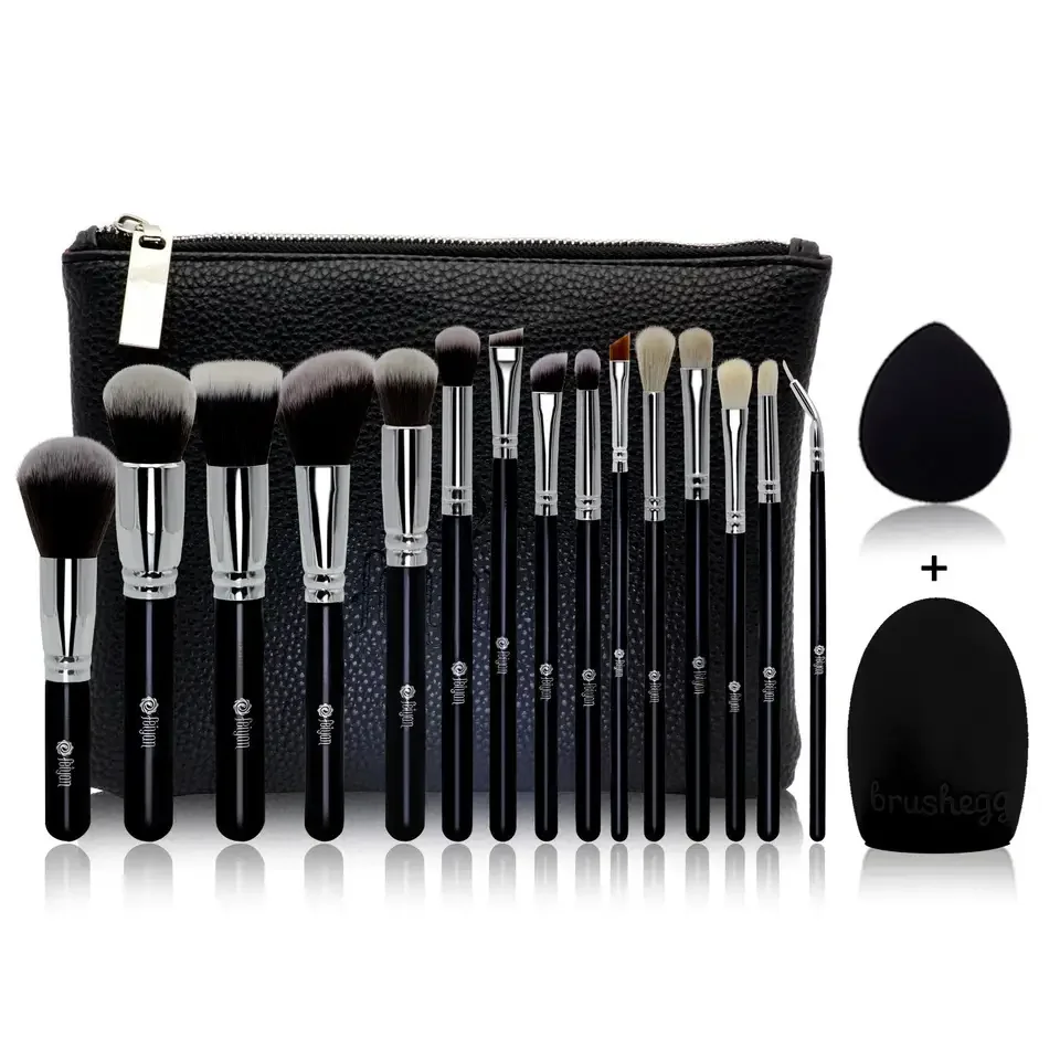 Ensemble 14 Pinceaux de Maquillage Professionnel Noir - Poils Synthétiques & Manche Bois