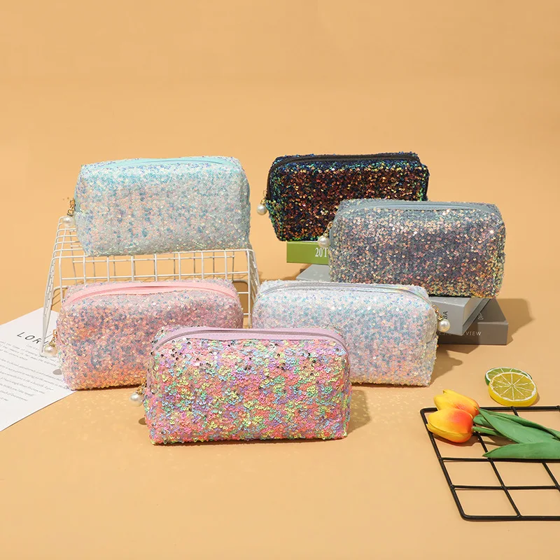 Trousse de maquillage pailletée grande capacité – Pochette cosmétique zippée mode