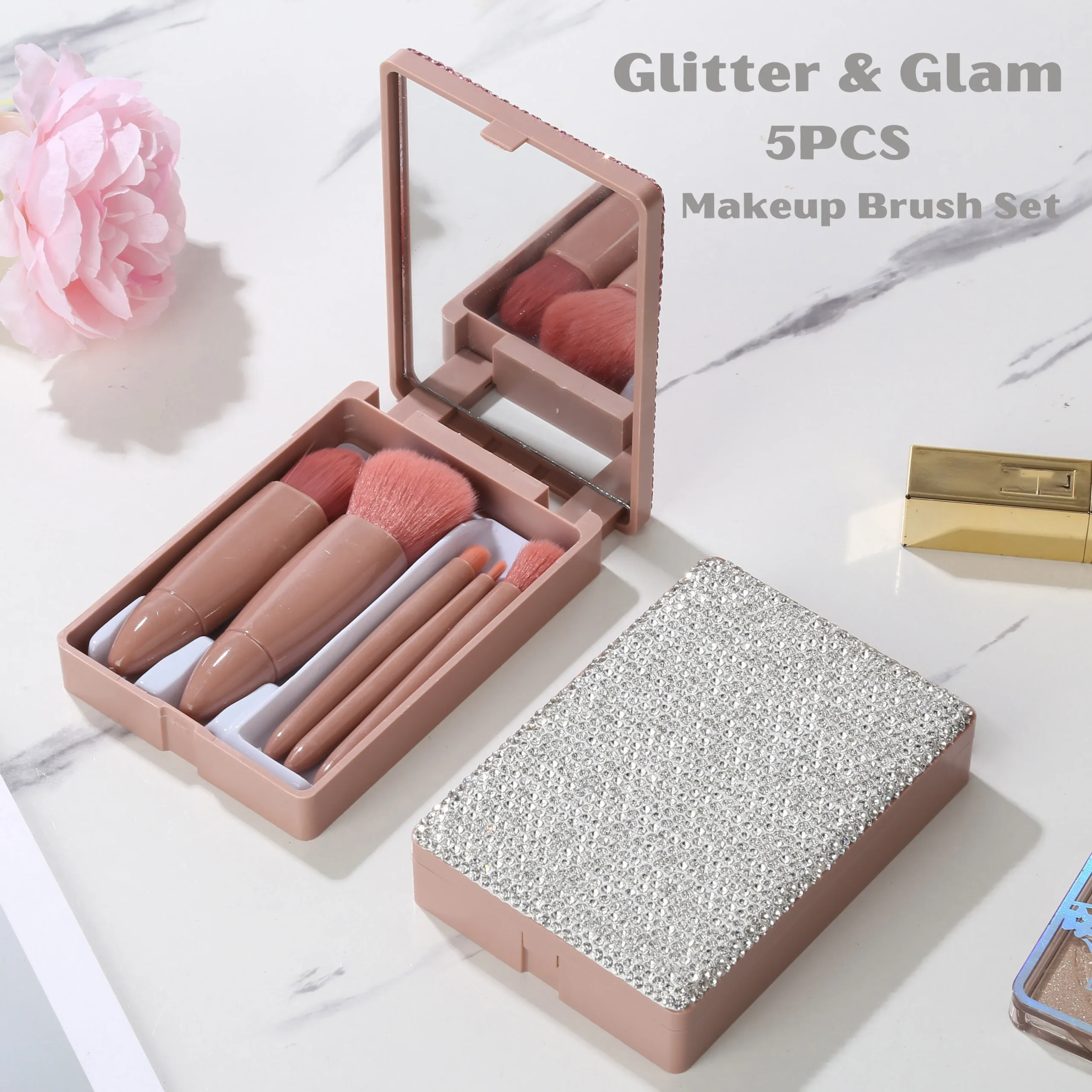 Ensemble 5 Pinceaux Maquillage Strass Scintillants | Doux & Précis | Boîte Cadeau Femme