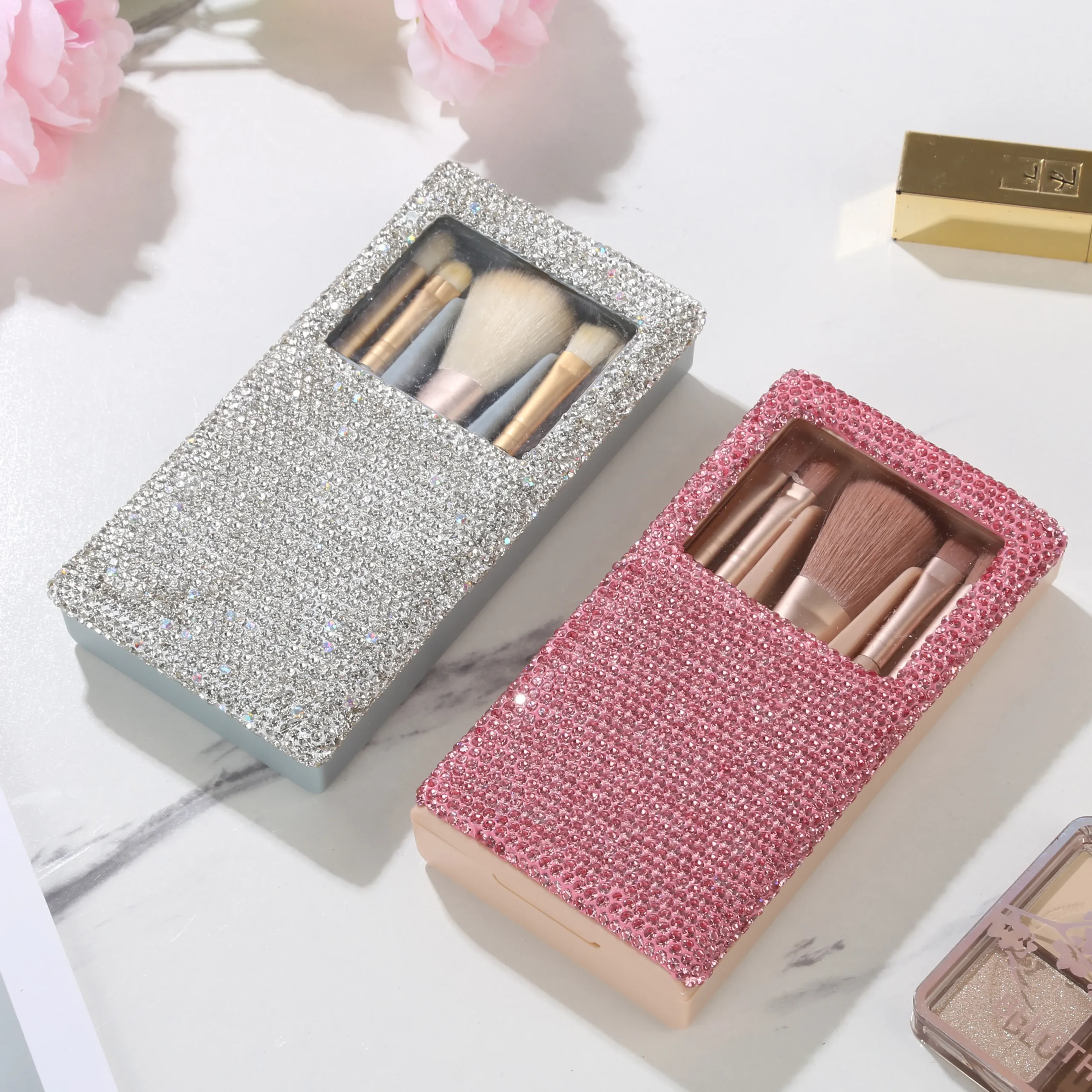 Coffret 5 Pinceaux Maquillage Diamant Brillant avec Miroir – Brosse Glitter Luxe