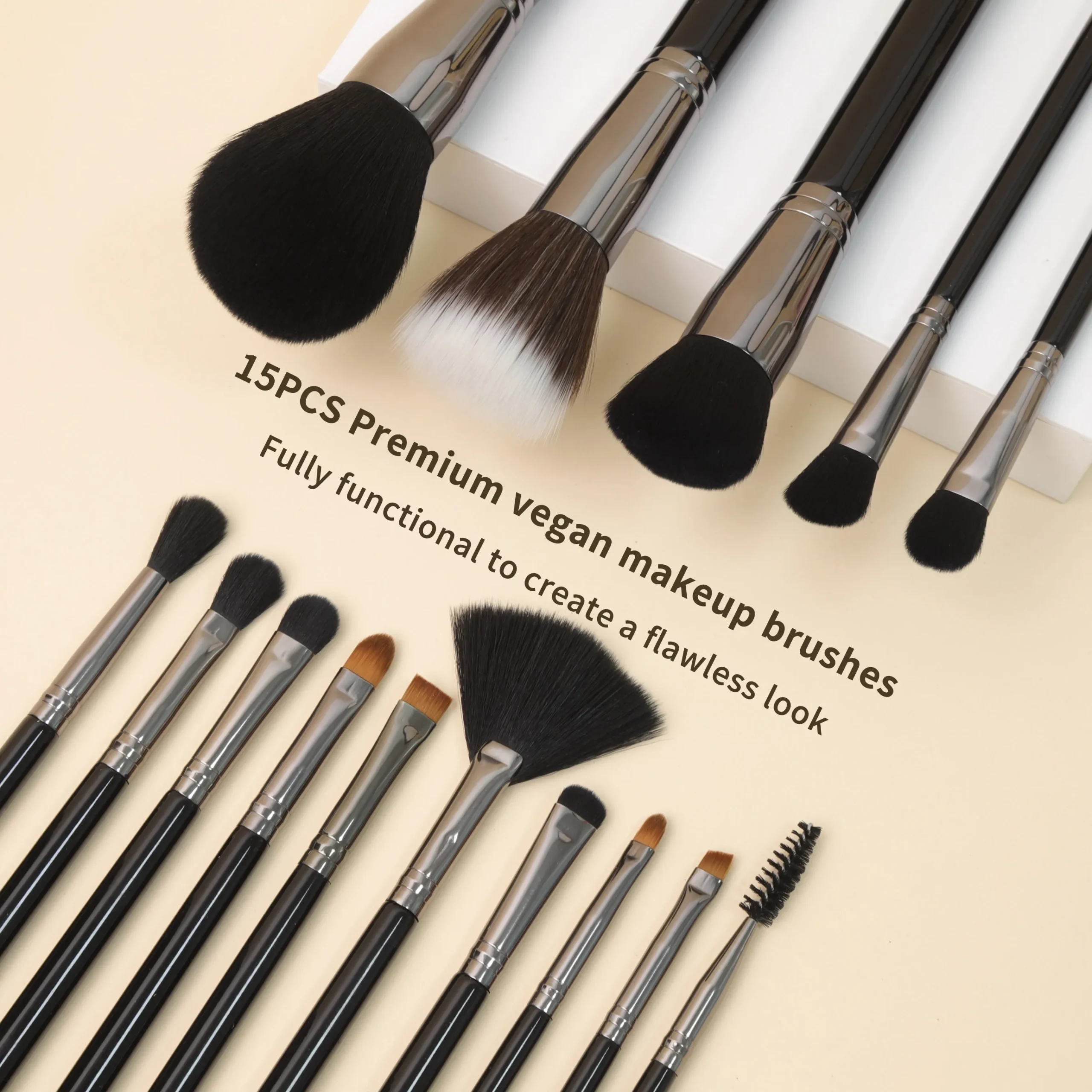 EMF Set 15 Pinceaux Maquillage Professionnel Manche Bois Noir – Fond de Teint, Fard, Éventail