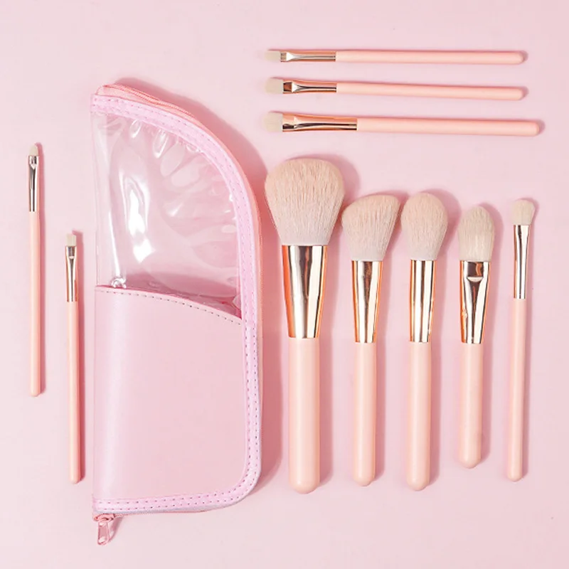 Set 10 Pinceaux Maquillage Rose Poils Synthétiques - Professionnel Visage & Yeux