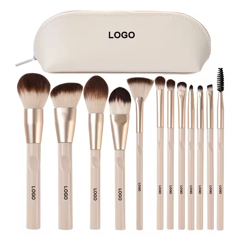 Set 12 Pinceaux Maquillage Professionnels Vegan – Poils Synthétiques Doux, Manche Bois