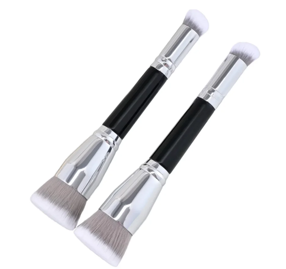 Pinceau Maquillage Double Embout Professionnel – Fond de Teint & Estompeur, Manche Bois Noir