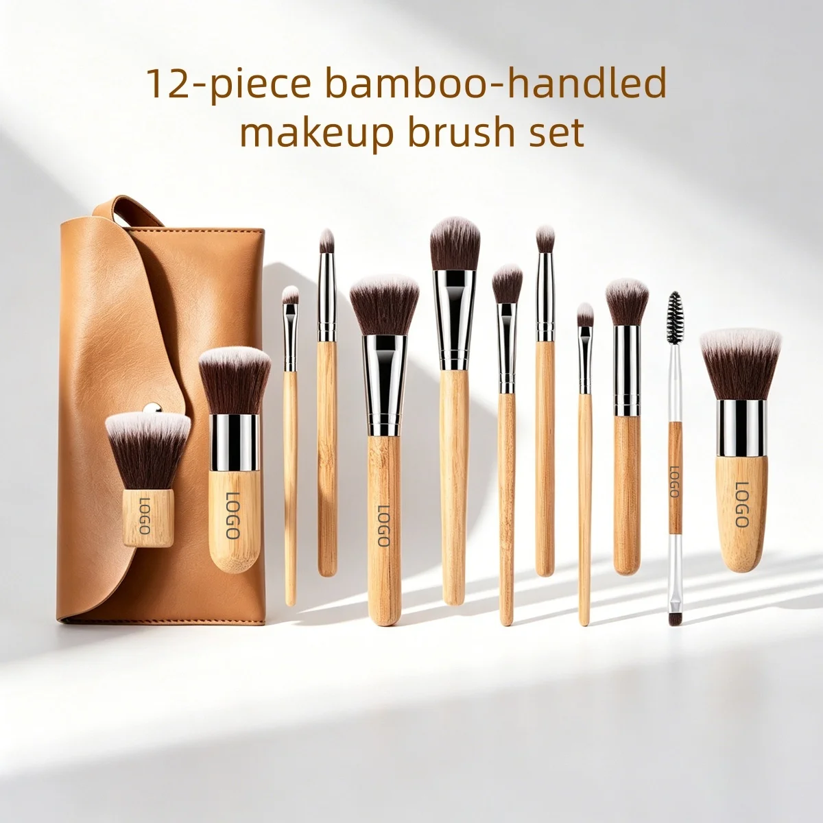 Set 12 Pinceaux Maquillage Professionnels Manche Bambou Poils Nylon Vegan