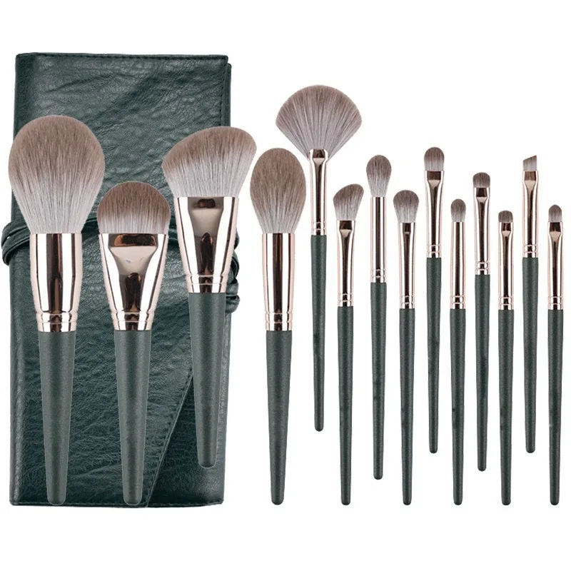 Set 14 Pinceaux Maquillage Vegan Verts – Poils Synthétiques Doux & Manche en Bois
