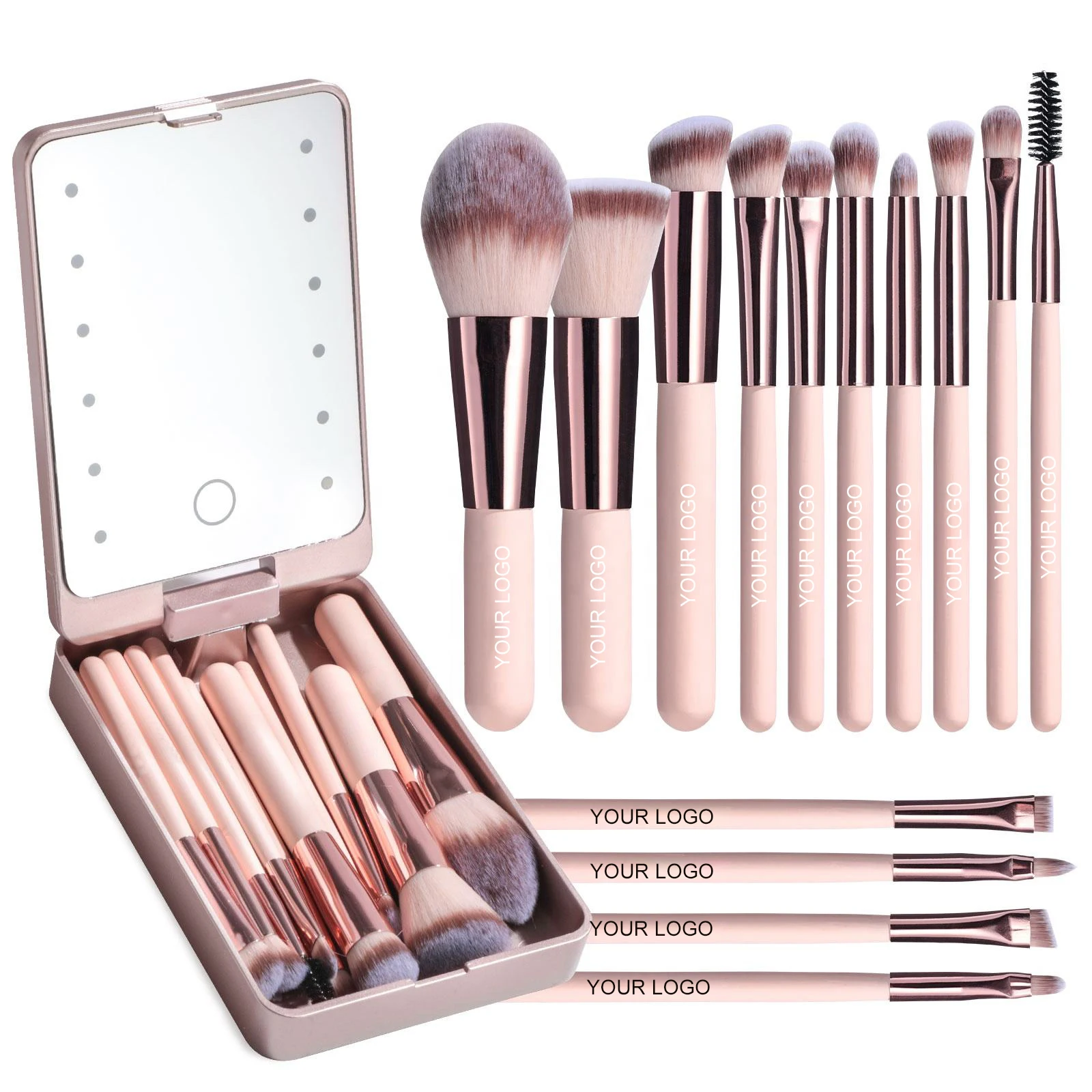 Set 14 Pinceaux Maquillage Professionnel + Miroir LED | Étui Portable | Poils Synthétiques Doux