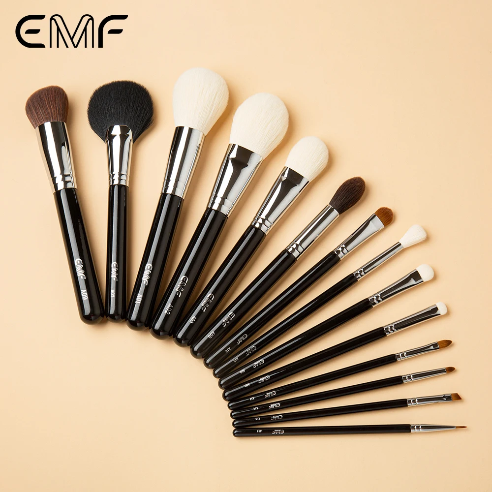 EMF Set 14 Pinceaux Maquillage Professionnels Poils Doux Manche Bois Virole Cuivre