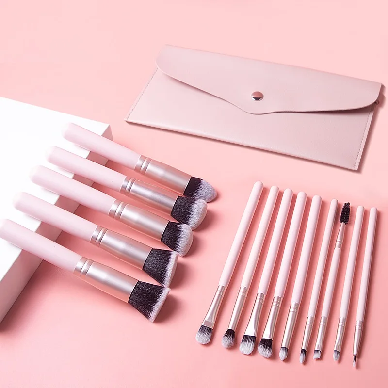 Ensemble 14 Pinceaux de Maquillage Professionnels Fibres Synthétiques Douces – Rose