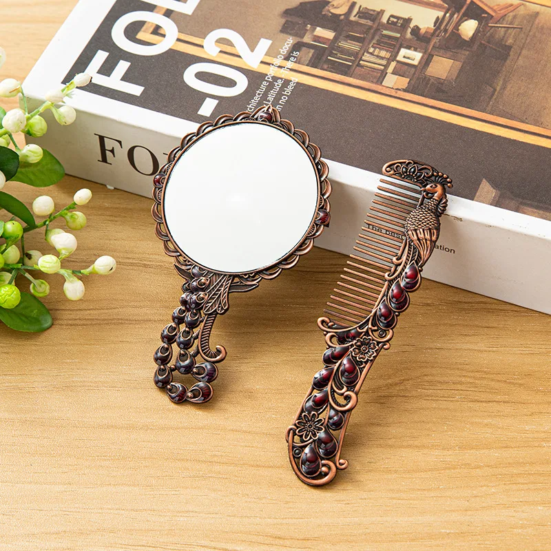 Ensemble Miroir de Maquillage & Peigne en Métal – Motifs Vintage Sculptés | Luxe