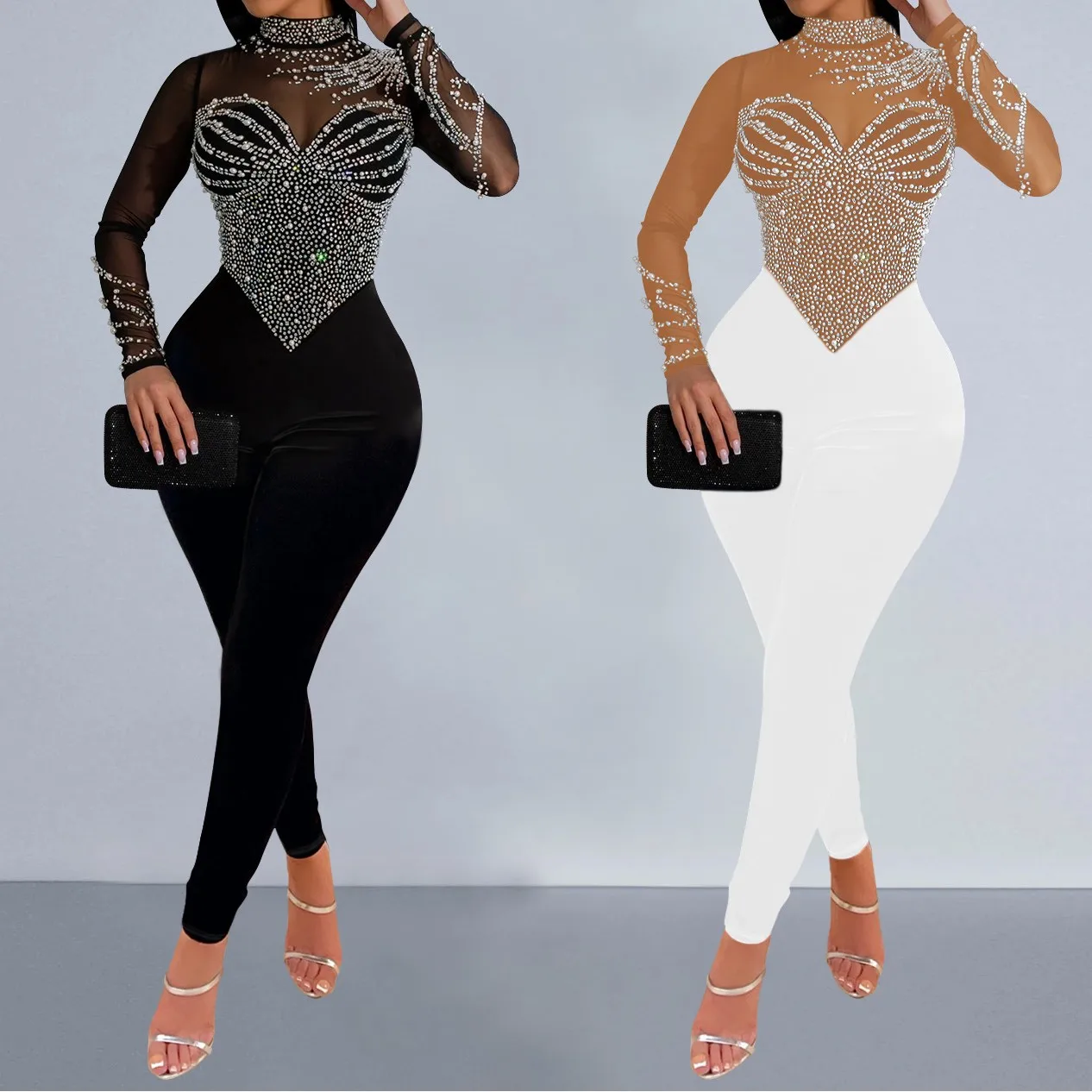 Combinaison femme manches longues maille strass – Tenue de soirée chic