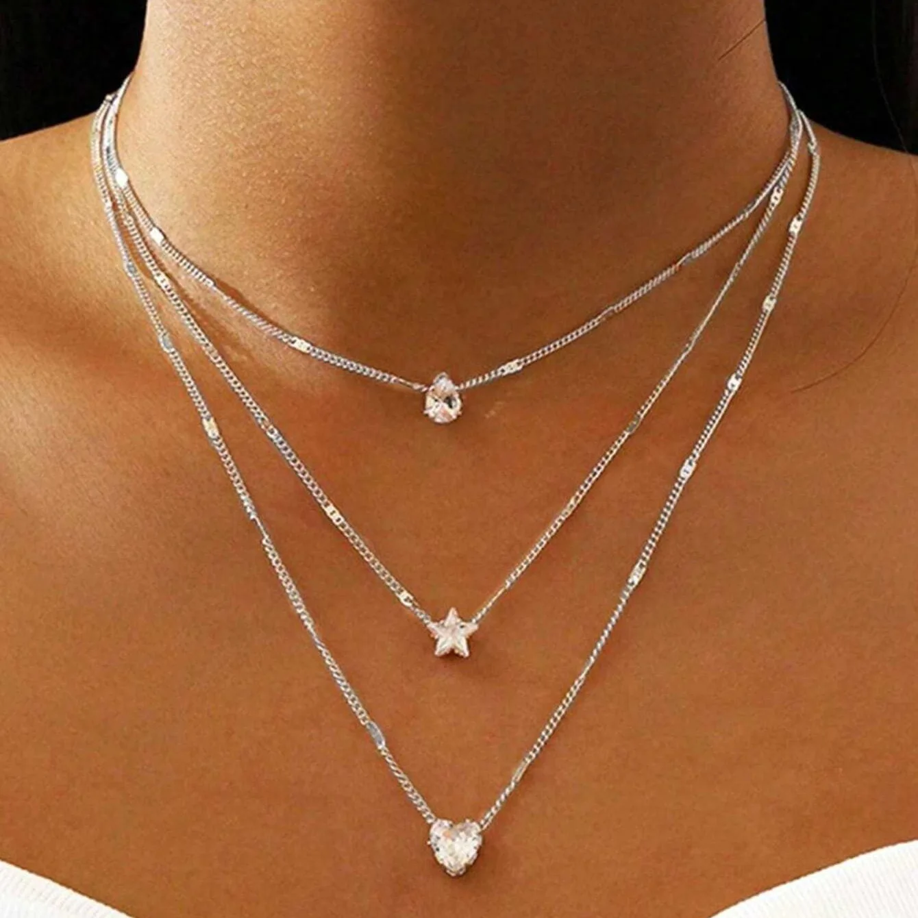 Collier multicouche femme plaqué or/argent – Pendentifs cœur, étoile & goutte | Strass élégant