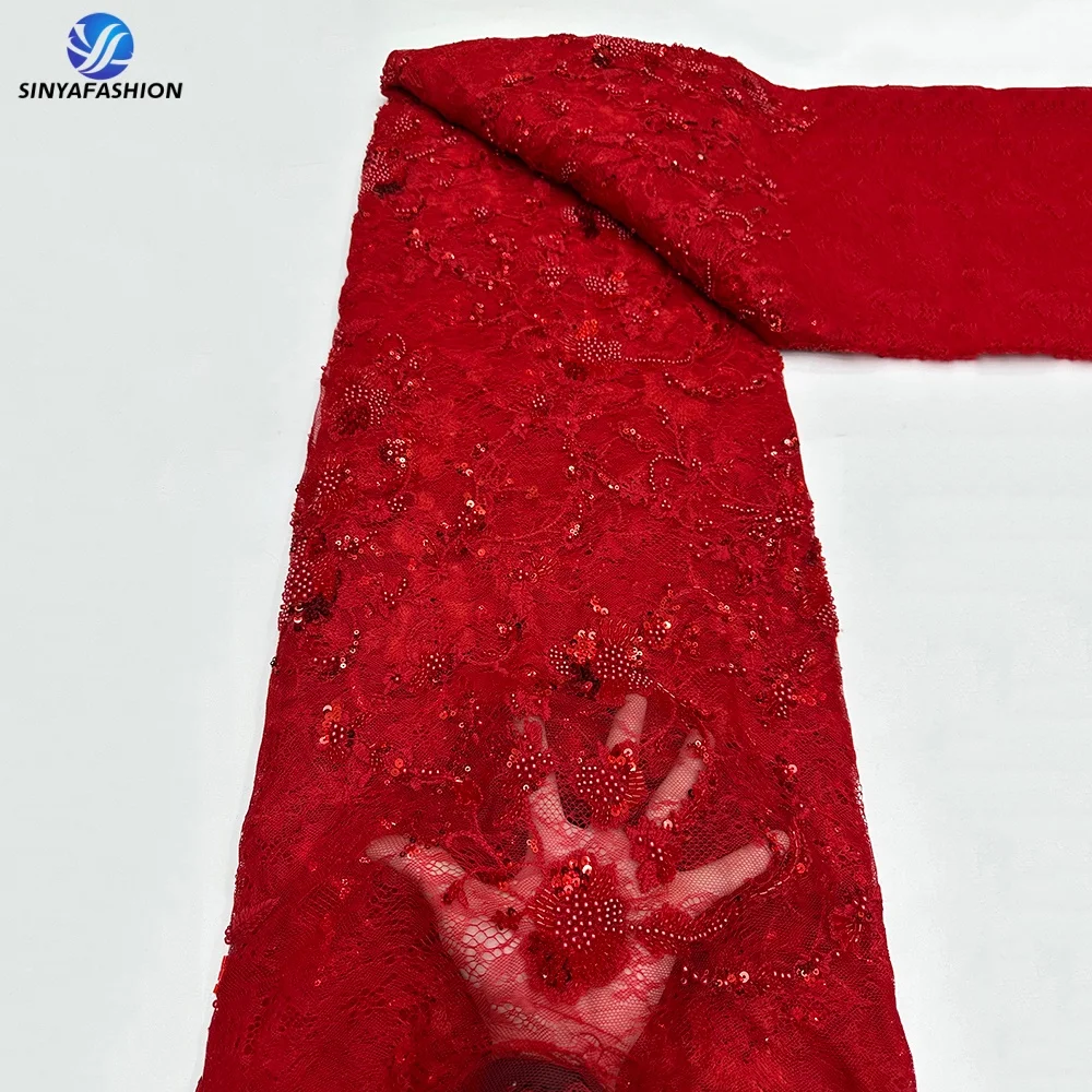 Sinya TM36077 | Tissu dentelle de luxe rouge brodé perles & sequins africains