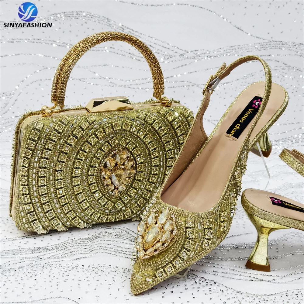 Chaussures Femme Sinya Talons 8cm Design Italien Strass & Diamants Bout Ouvert + Sac Assorti