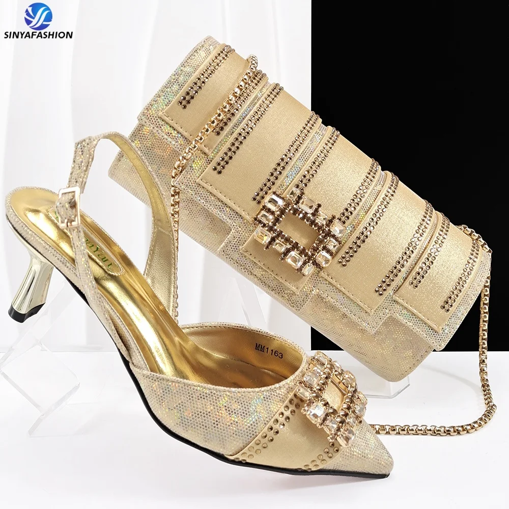 Ensemble Chaussures & Sac Luxe Sinya Or | Talons Aiguilles Bout Pointu Strass Femme