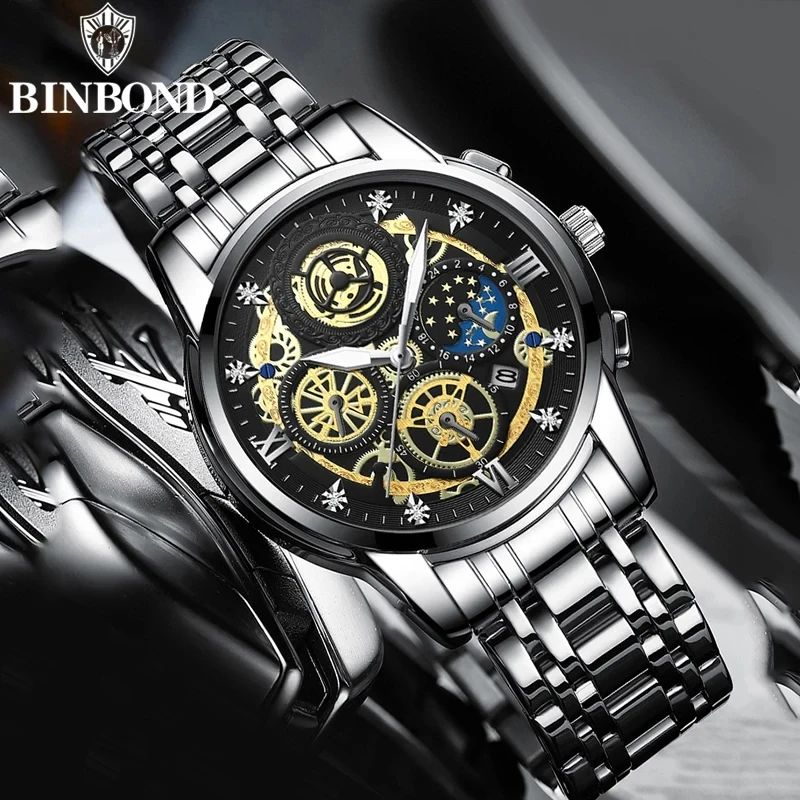 Montre Homme Binbond B4010 Quartz Luxe – Bracelet Acier Inoxydable, Lumineuse, Étanche 30M
