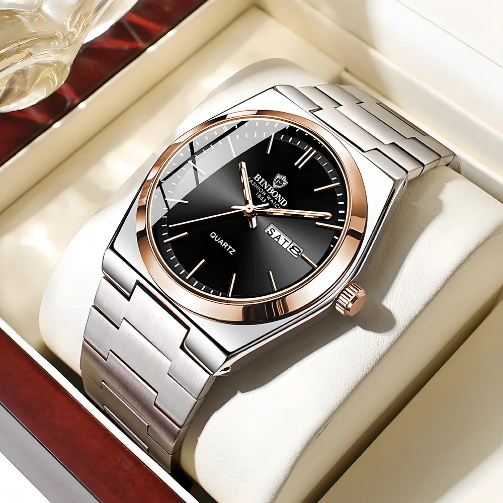 Montre Binbond B102 Homme Quartz Acier Inoxydable – Élégante & Lumineuse