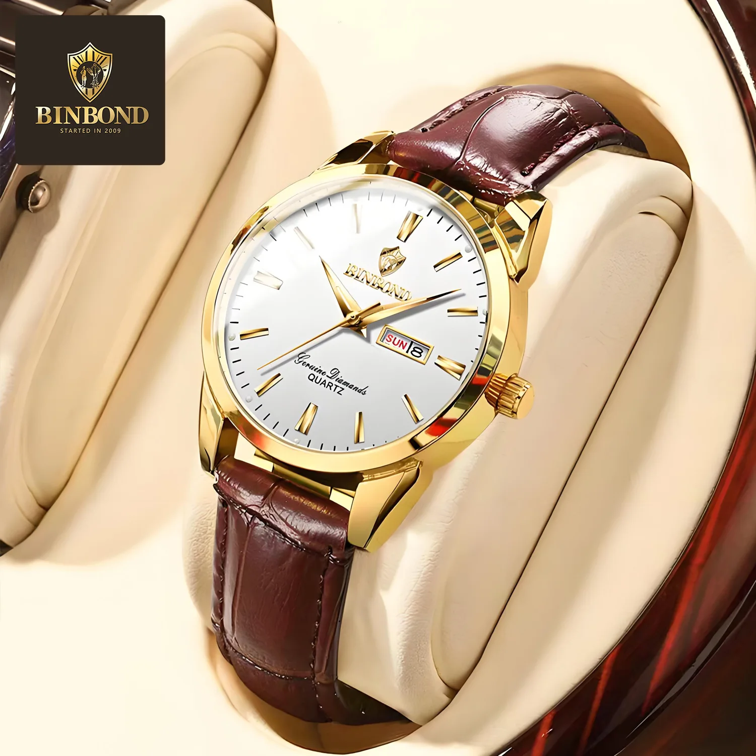 Montre femme Binbond B2238 – Élégante, étanche, bracelet cuir