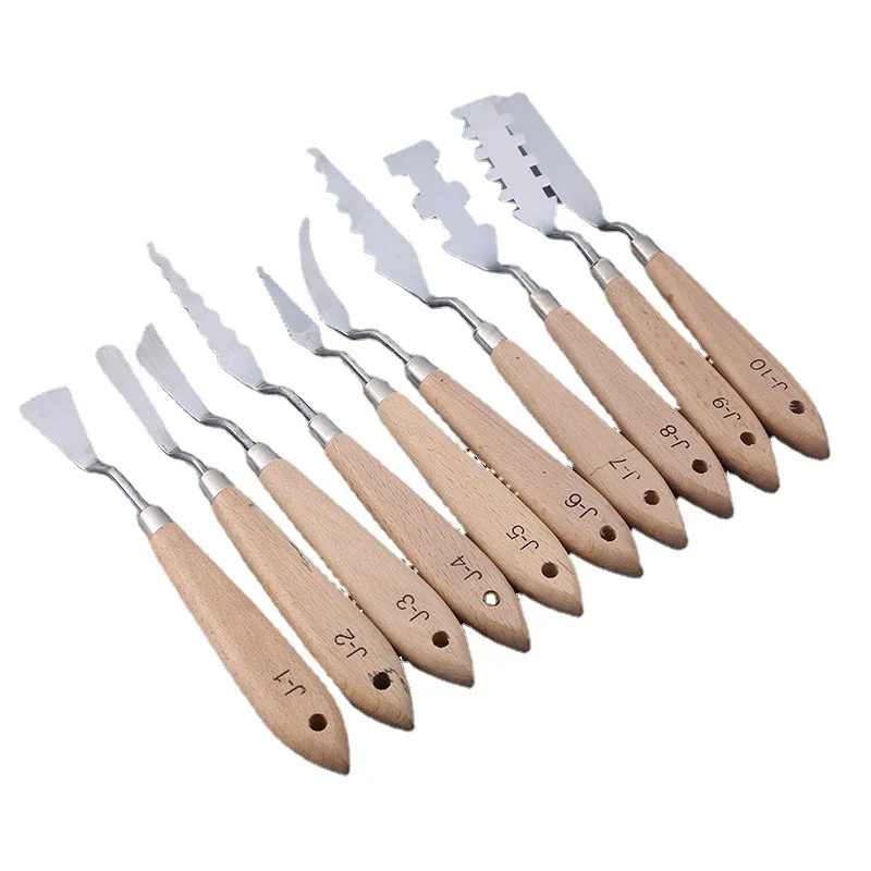 Set 10 Couteaux à Palette Peinture Huile – Lames Inox & Manche Bois | XinyiArt