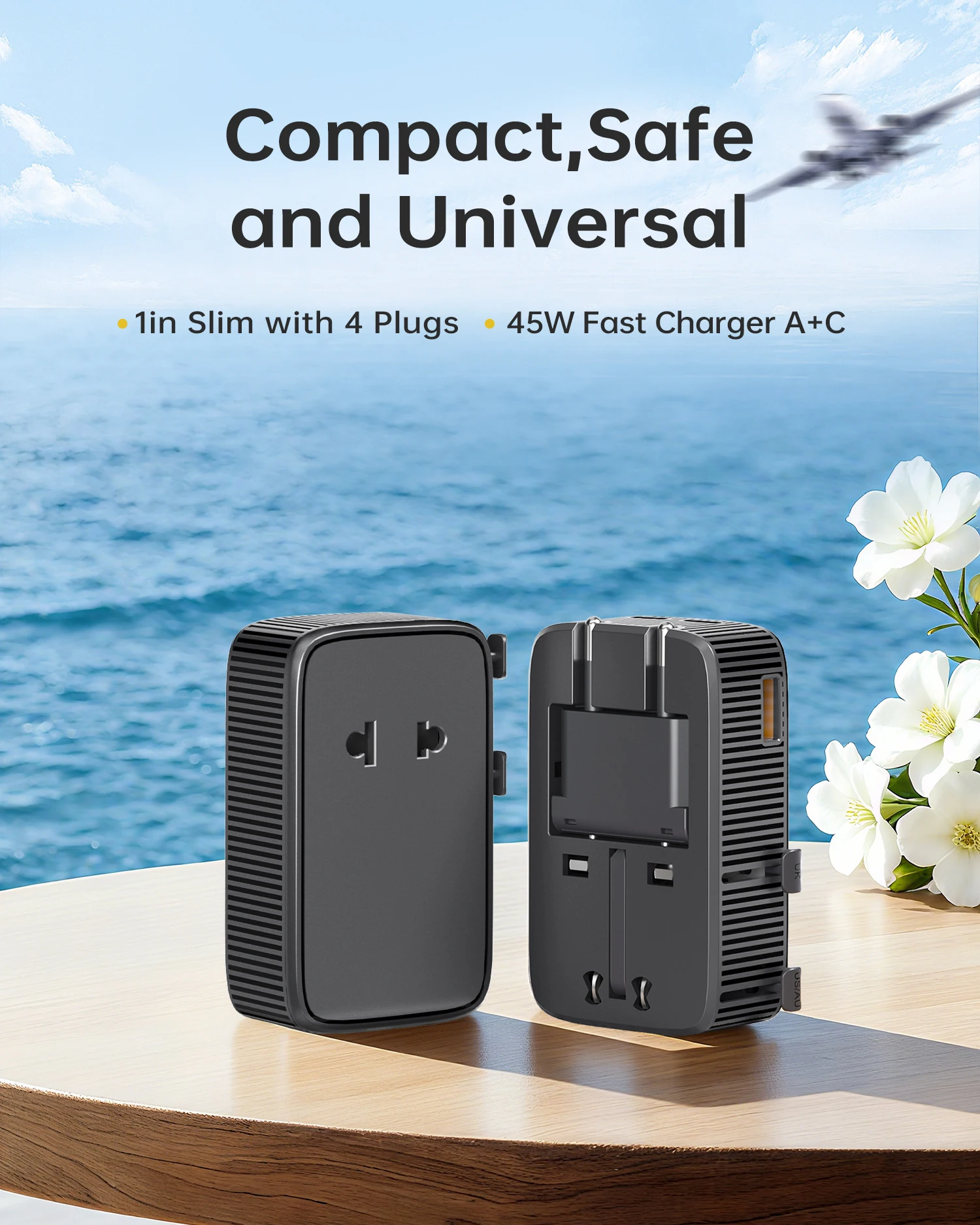Adaptateur Voyage Universel 45W USB-C PD3.0 QC3.0 – 2 USB-C + 1 USB-A | Prises UK/EU/AU