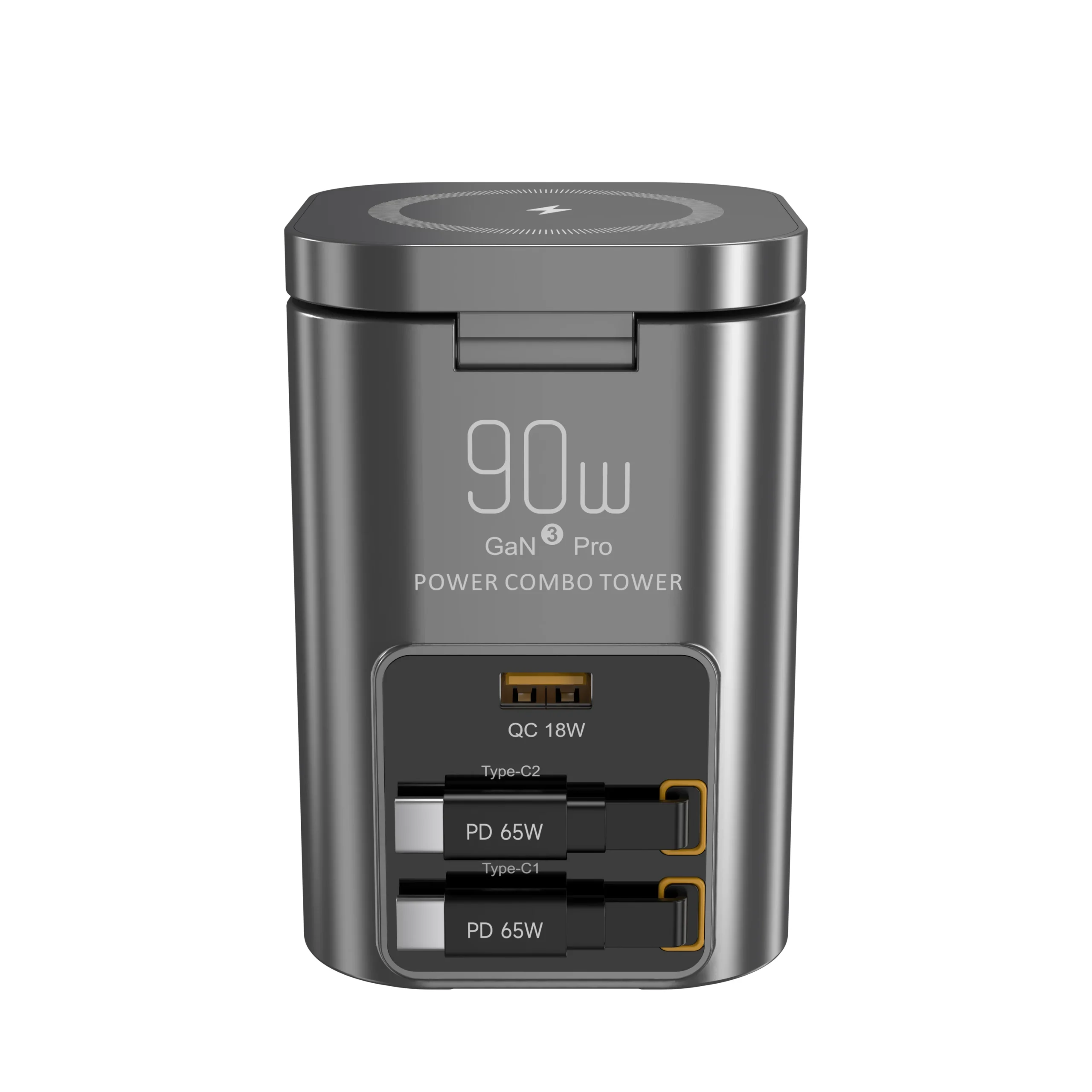 Station de Charge Rapide 90W Sans Fil Bureau – 2 Câbles USB-C Rétractables + Magnétique