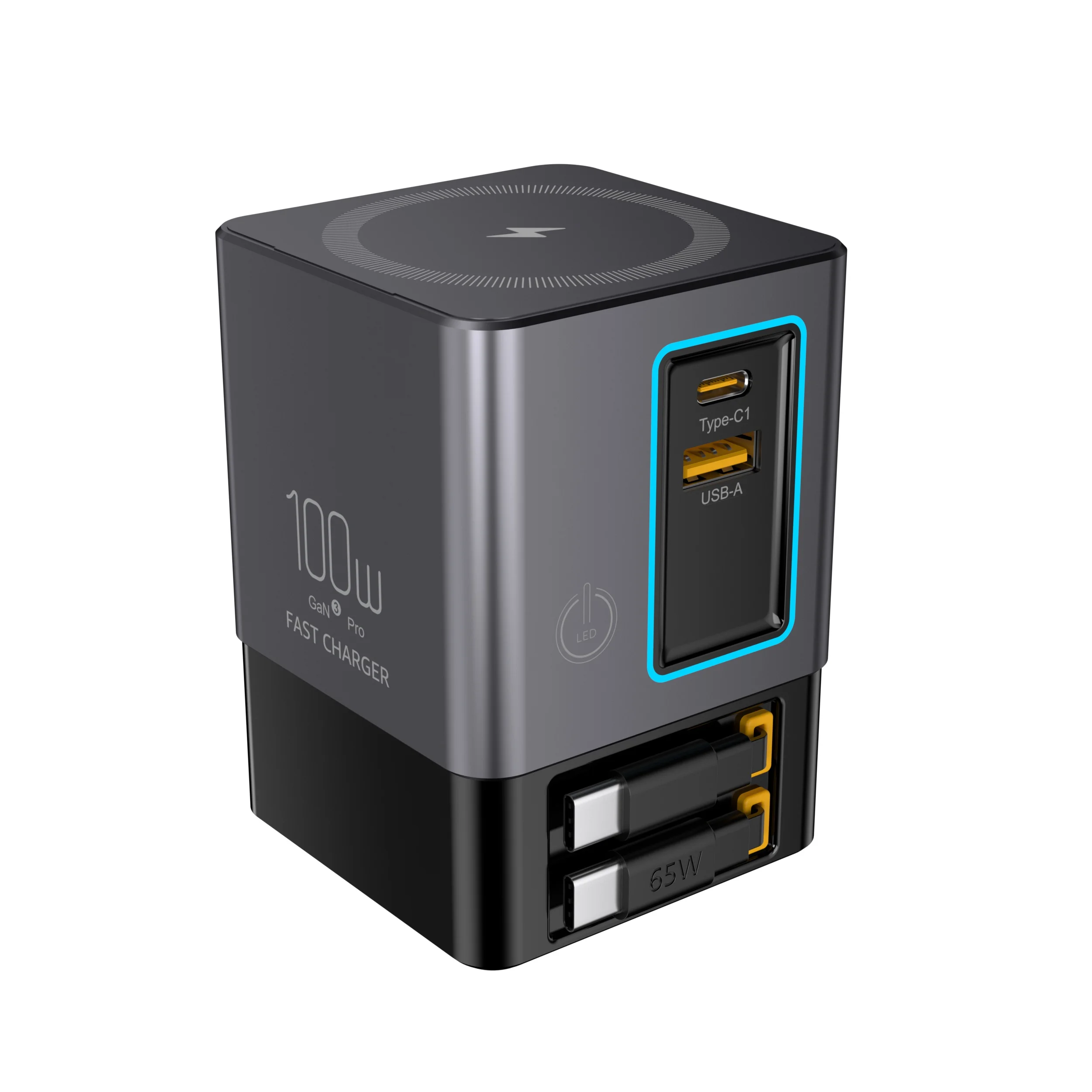 Station de charge GaN 100W sans fil magnétique + câble rétractable USB-C multiprise de bureau