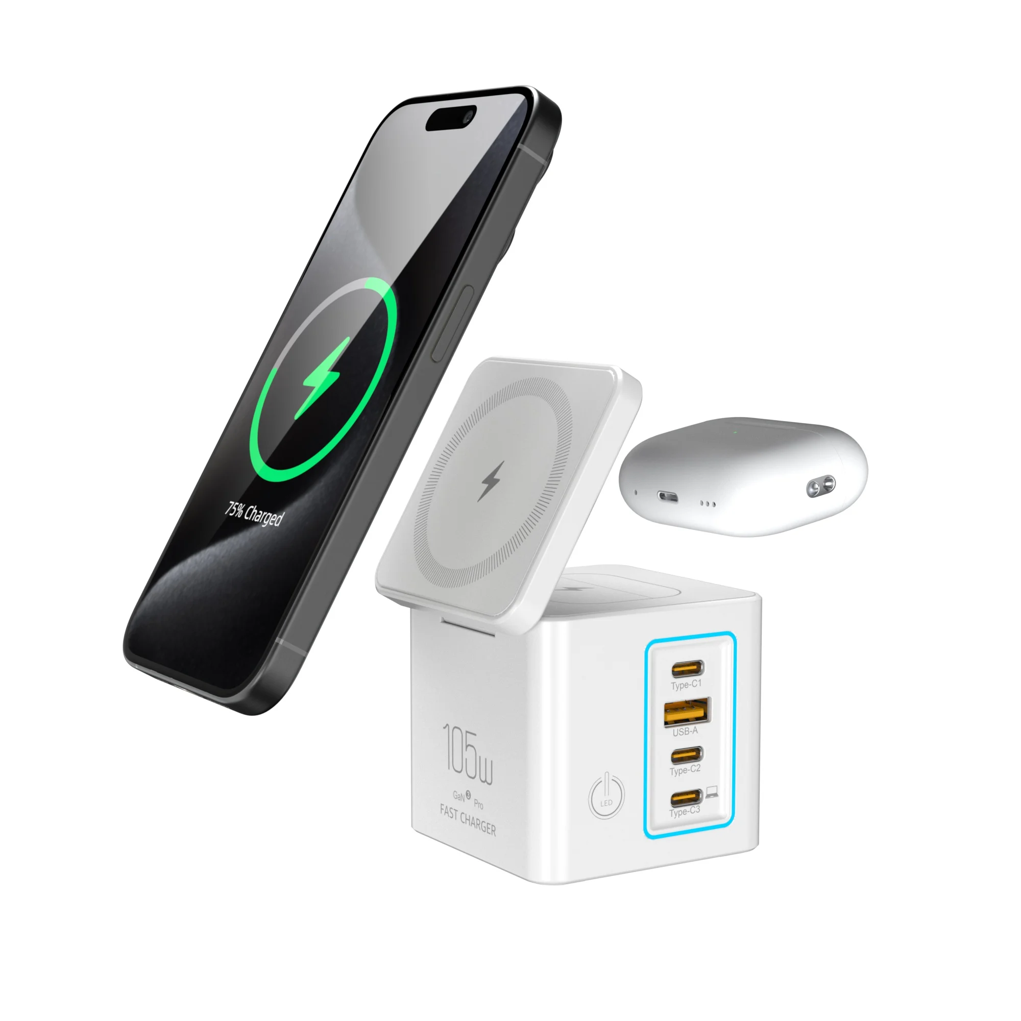 Station de Charge 6-en-1 105W – Sans Fil 15W + 4 Ports USB + Lampe Intégrée