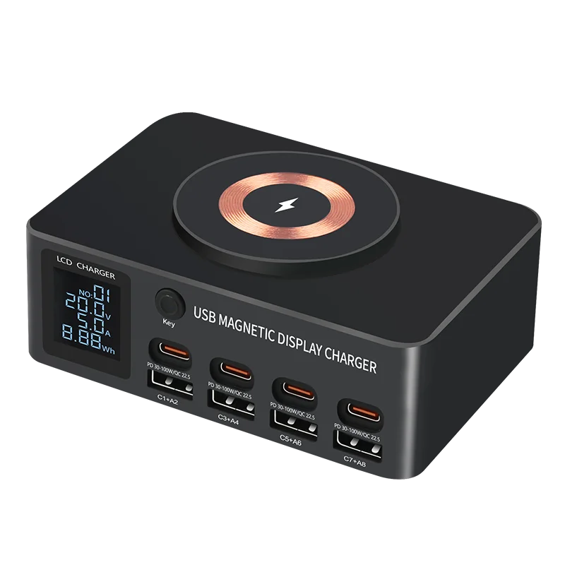 Station de Charge Rapide 8 Ports 140W GaN – USB-C PD 100W + Sans Fil 15W ilepo 818D+