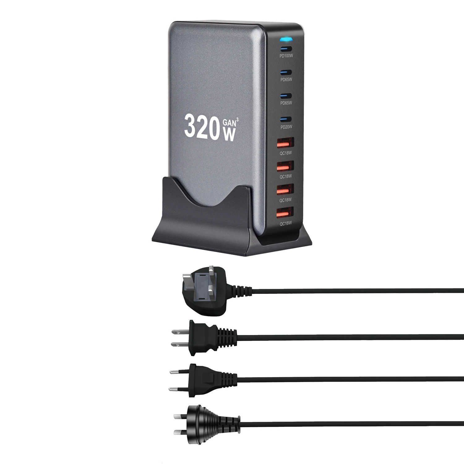 Chargeur GaN 320W Multi-Ports USB-C/USB-A Charge Rapide – 8 Appareils Simultanés