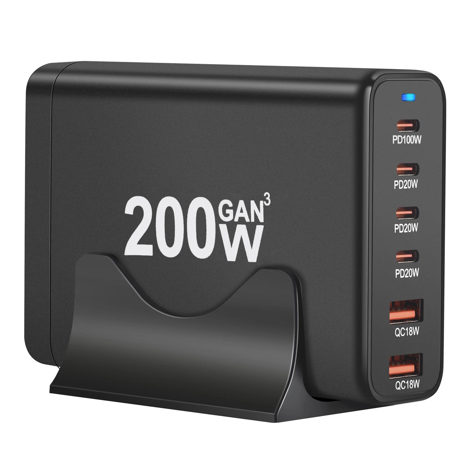 Station de Charge GaN 200W – 6 Ports (4 USB-C + 2 USB-A) Charge Rapide PD 45W QC3.0