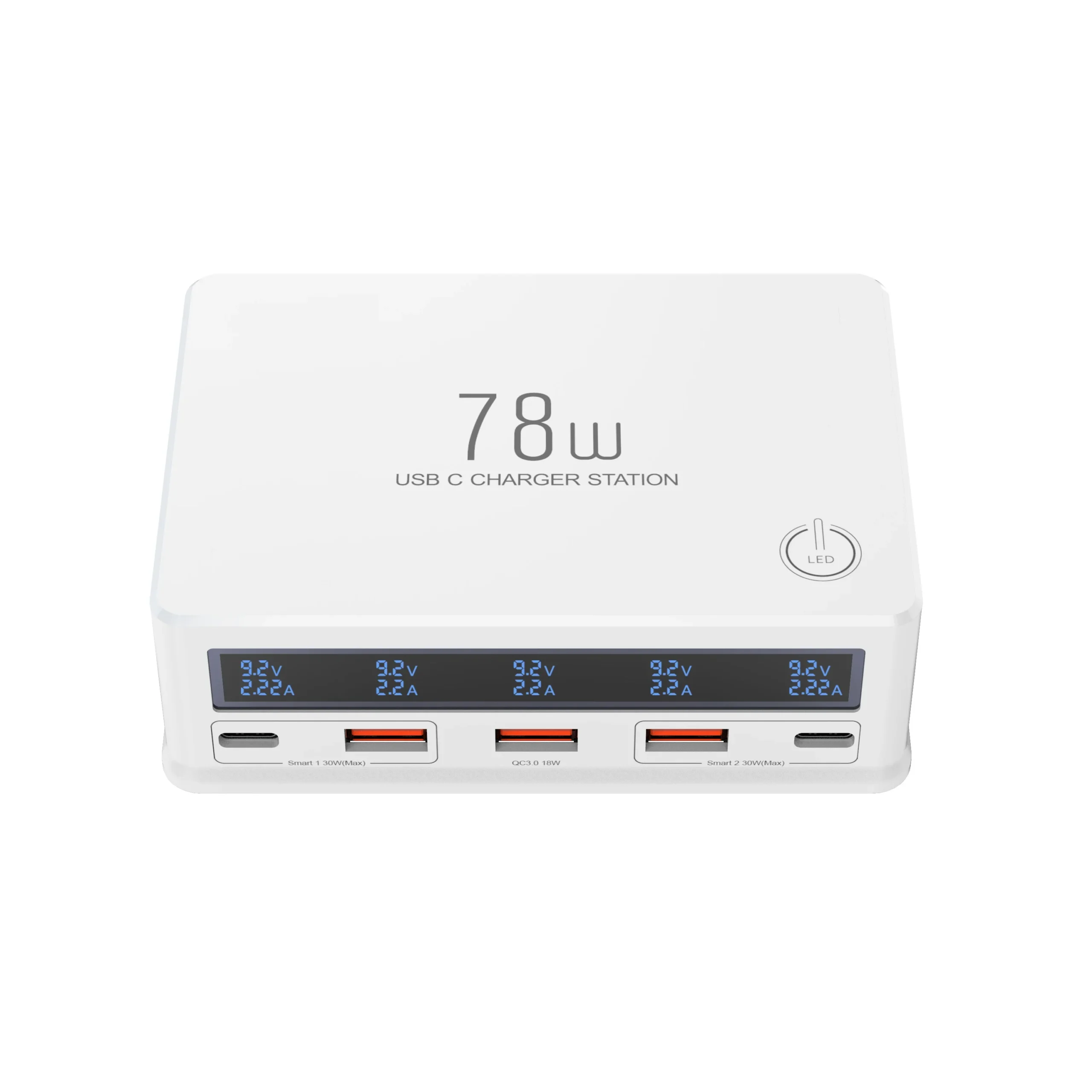 Station de Charge Bureau 78W | 5 Ports USB + USB-C | Écran LED | Charge Rapide Multi-Appareils