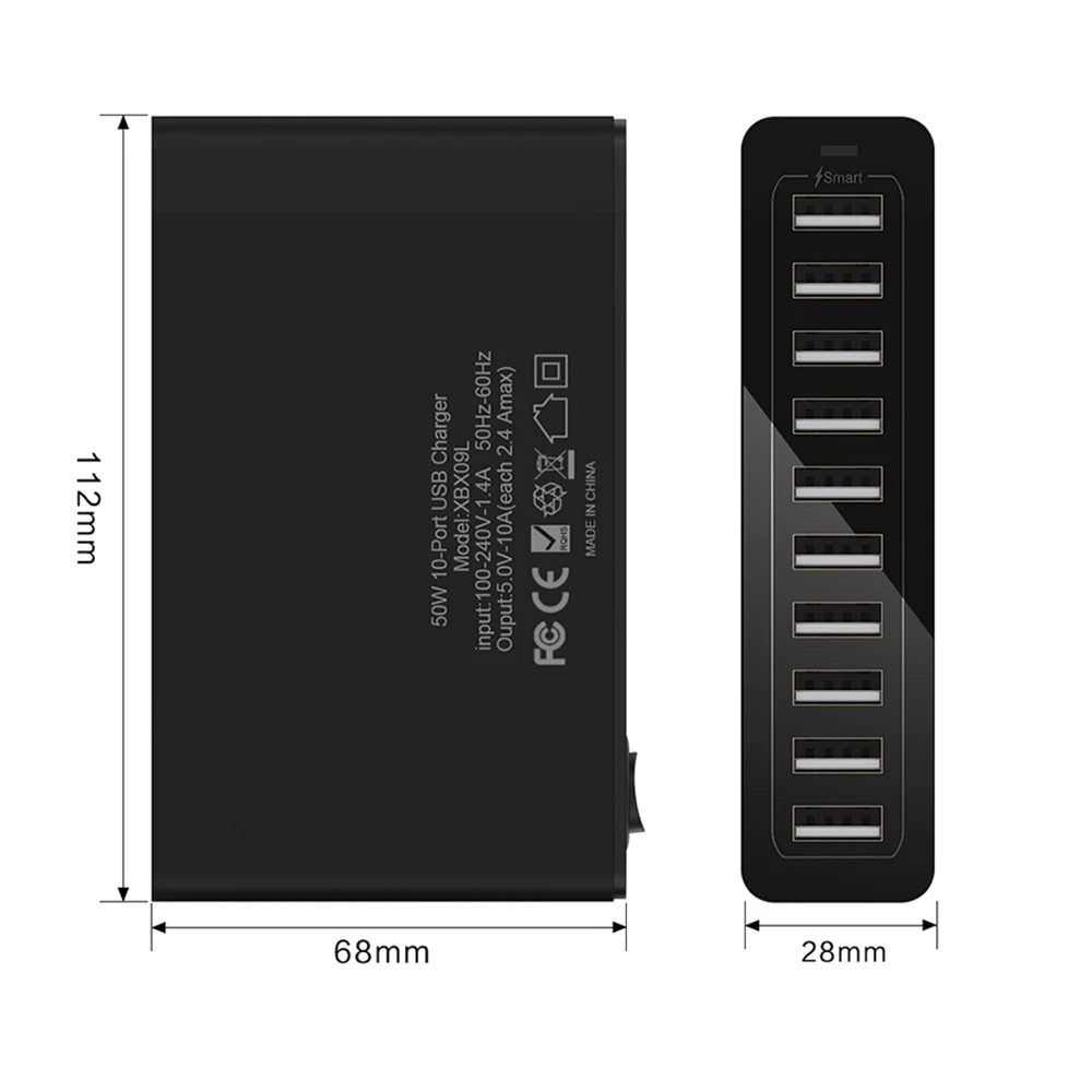 Station de Charge USB 10 Ports 50W – Chargeur Rapide Bureau QC3.0 pour Téléphones & Tablettes