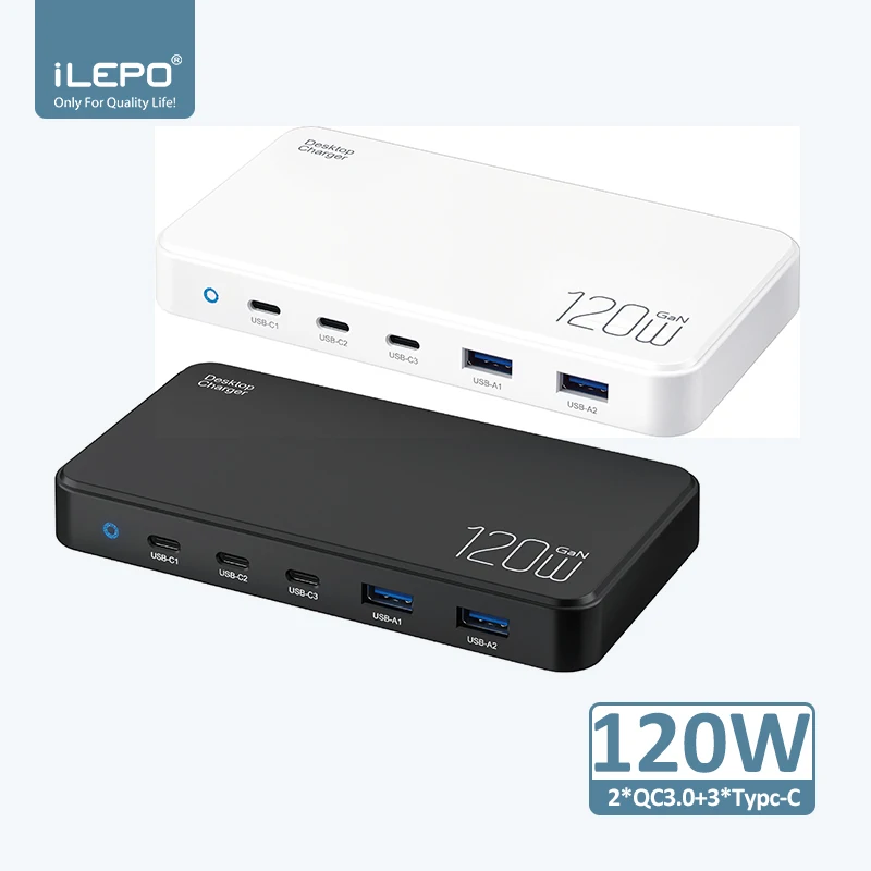 Chargeur GaN 120W 5 Ports USB-C & USB-A Charge Rapide PD3.0 QC3.0 Bureau