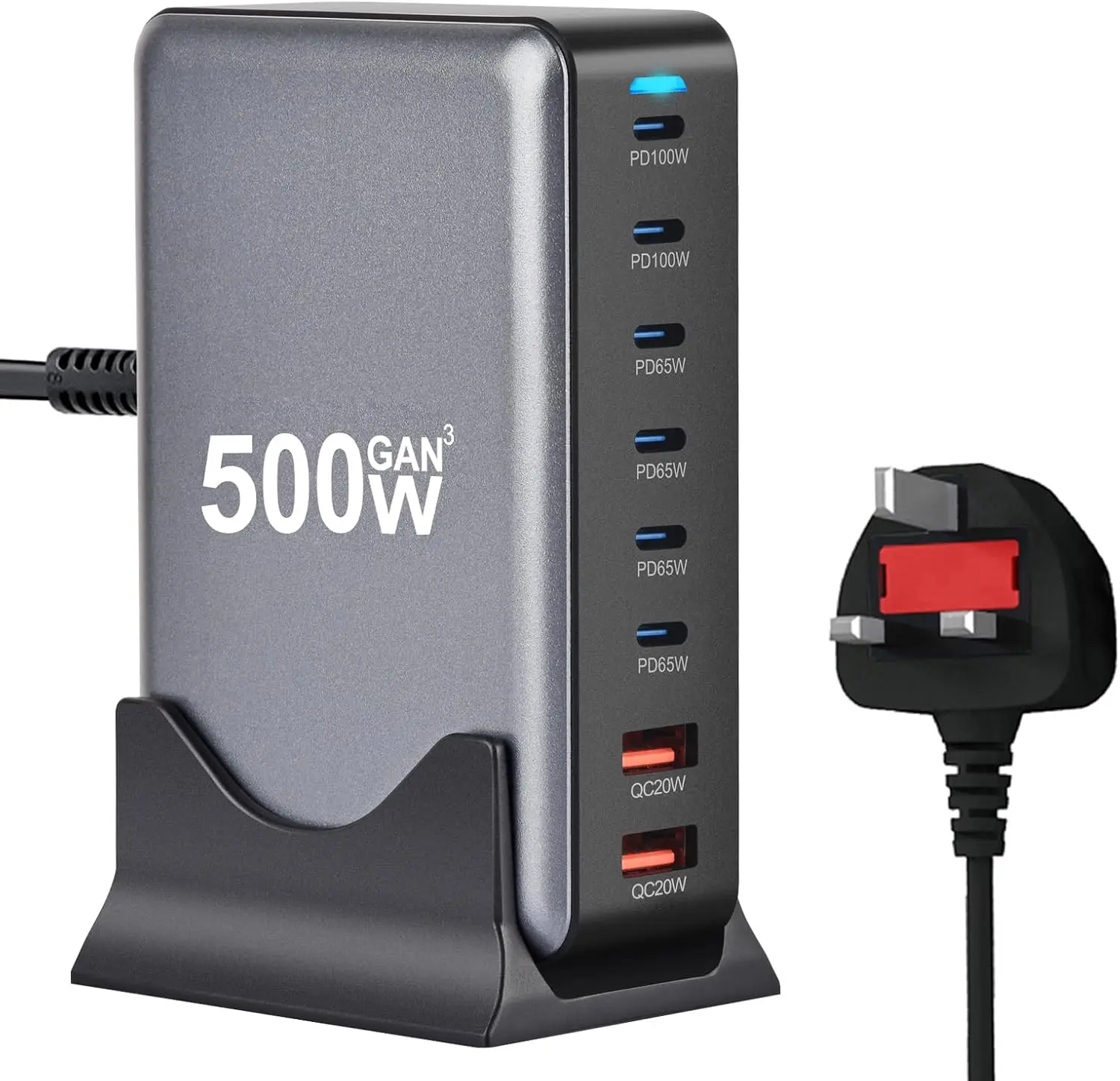 Chargeur GaN 8 Ports 500W – USB-C & USB-A Charge Rapide PD 3.0 pour Téléphone & PC