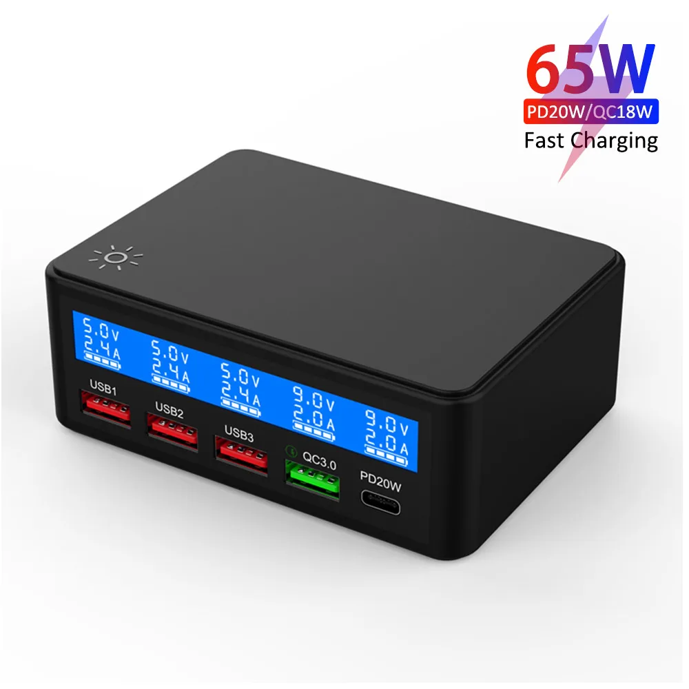 Station de Charge Rapide 65W | 4 USB + Type-C | QC3.0 & PD | Certifiée CE FCC RoHS