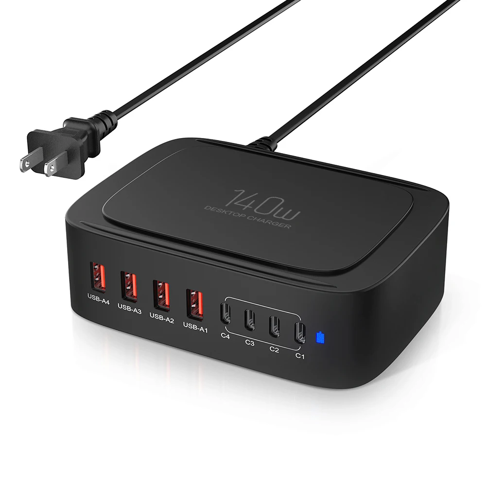 Station de Charge 8 Ports 140W GaN USB-C Rapide PD3.0 – Compatible MacBook & iPhone