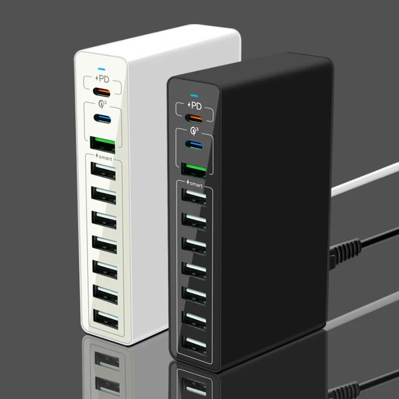 ILEPO Station de Charge 10 Ports USB 65W Chargeur Rapide QC3.0 & PD 20W