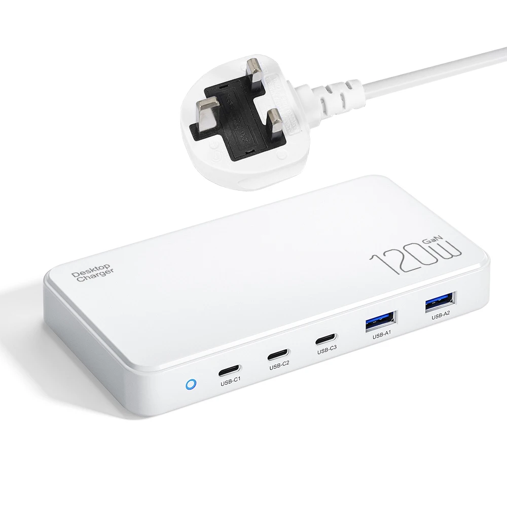ILEPO Station de Charge GaN 120W – 5 Ports USB-C & USB, Charge Rapide PD 100W